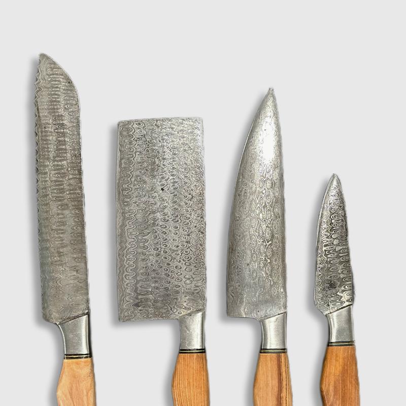 Premium Damascus Steel Kitchen Knife Set with Leather Roll - Wildland Blades