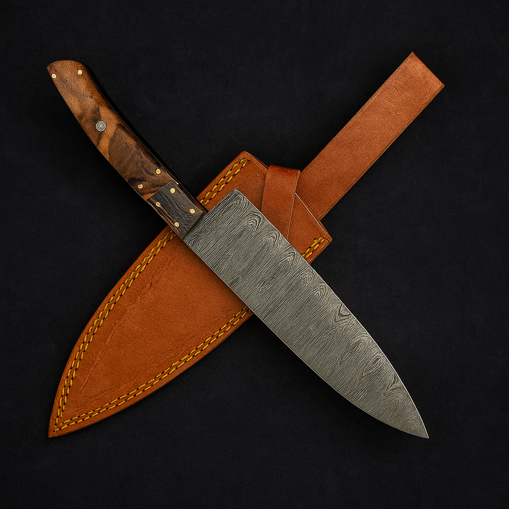 12"  Elegant Damascus Steel Chef Knife with Dark Wood Handle - Wildland Blades