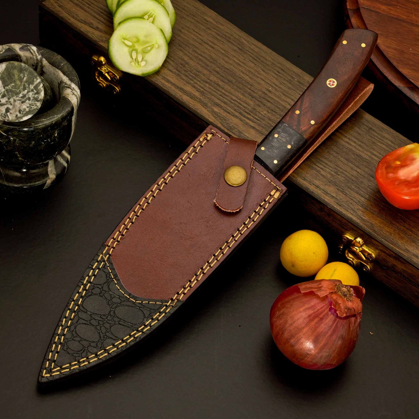 12″ Elegant Damascus Chef Knife with Dark Wood Handle