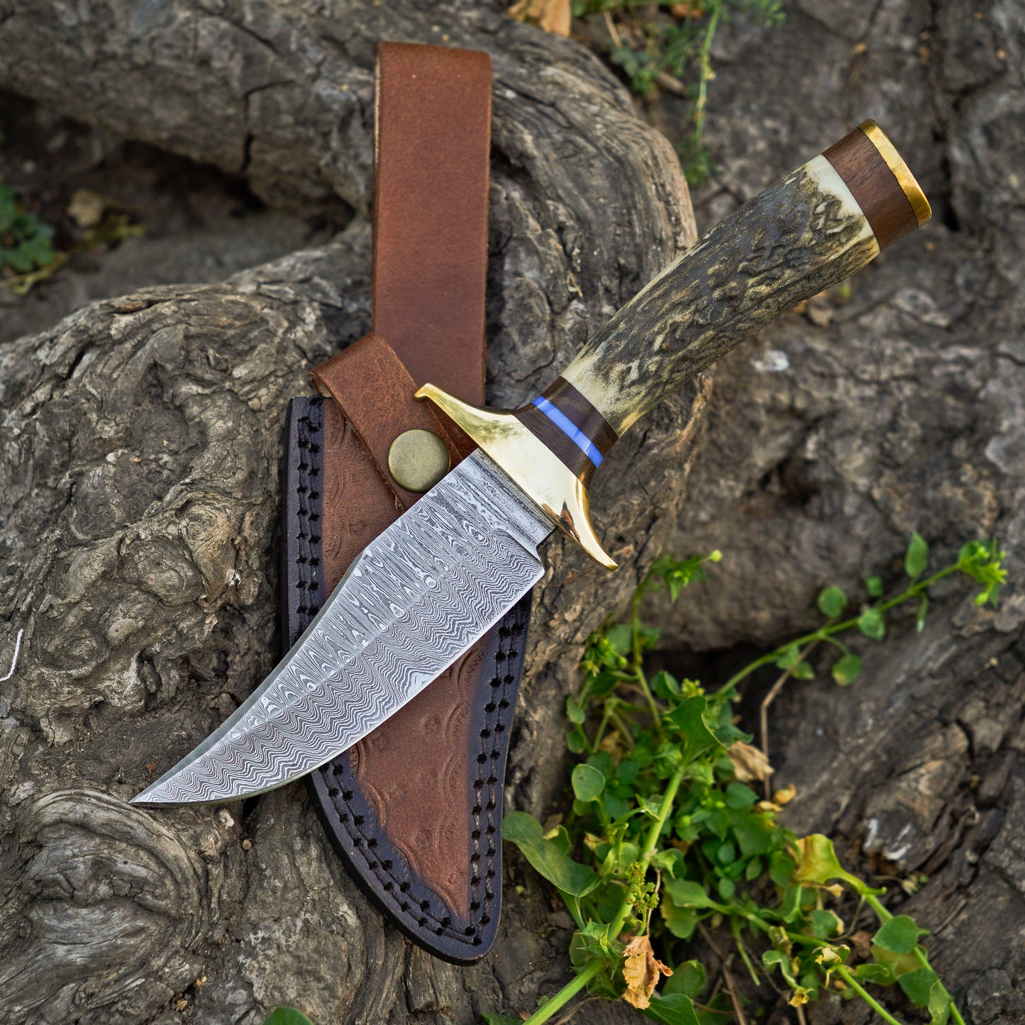 The Stag Spirit: Hand-Forged Damascus Steel Knife with Stag & Brass Guard Handle - Wildland Blades
