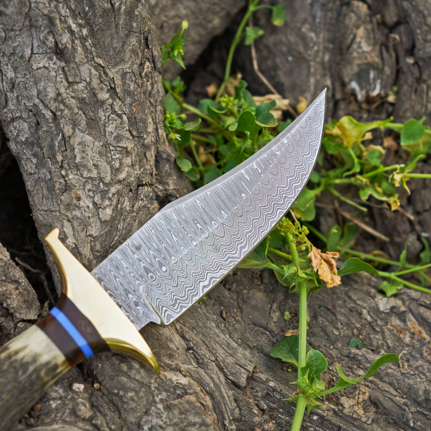 The Stag Spirit: Hand-Forged Damascus Steel Knife with Stag & Brass Guard Handle - Wildland Blades