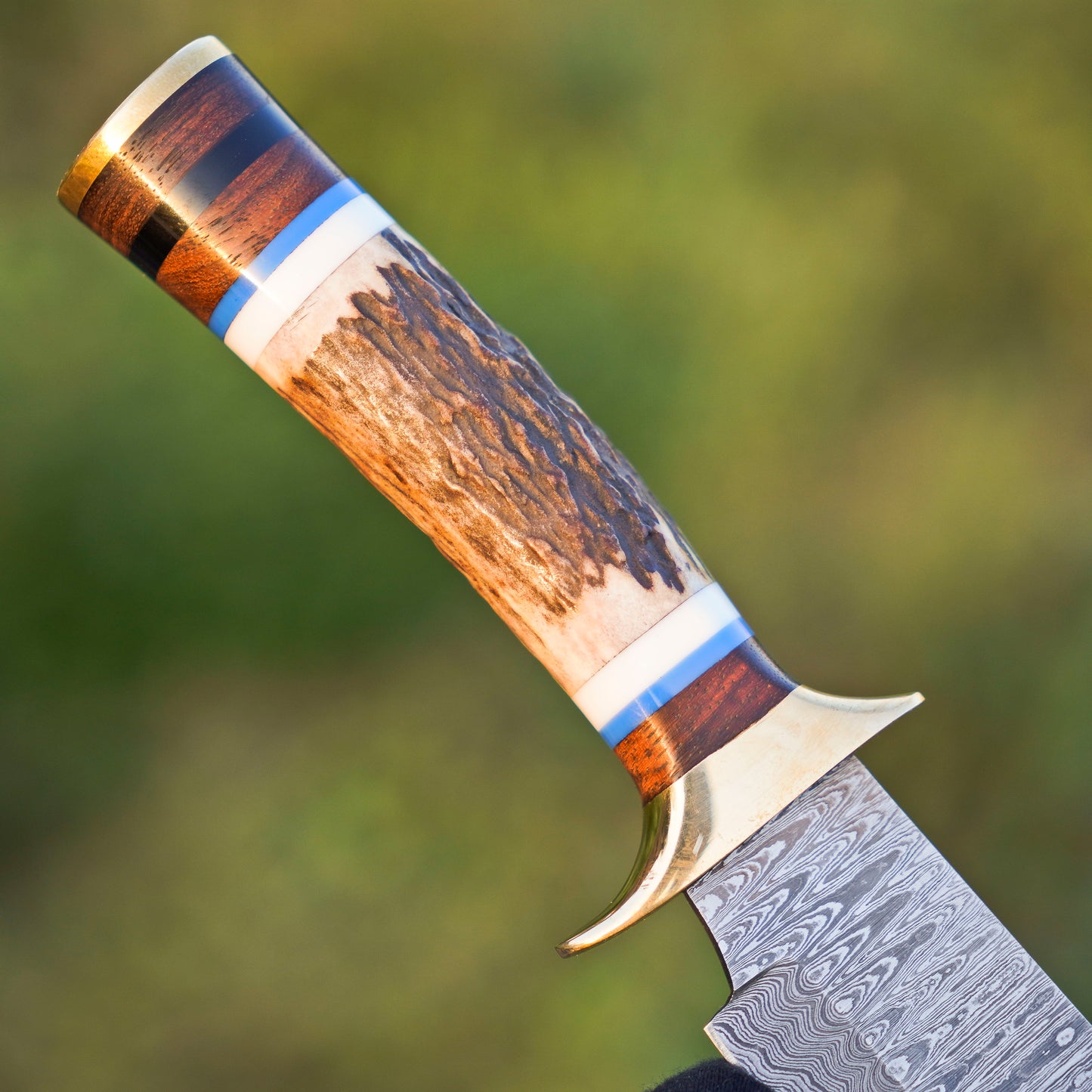 The Woodland Warrior: Hand-Forged Damascus Steel Knife with Stag Handle - Wildland Blades