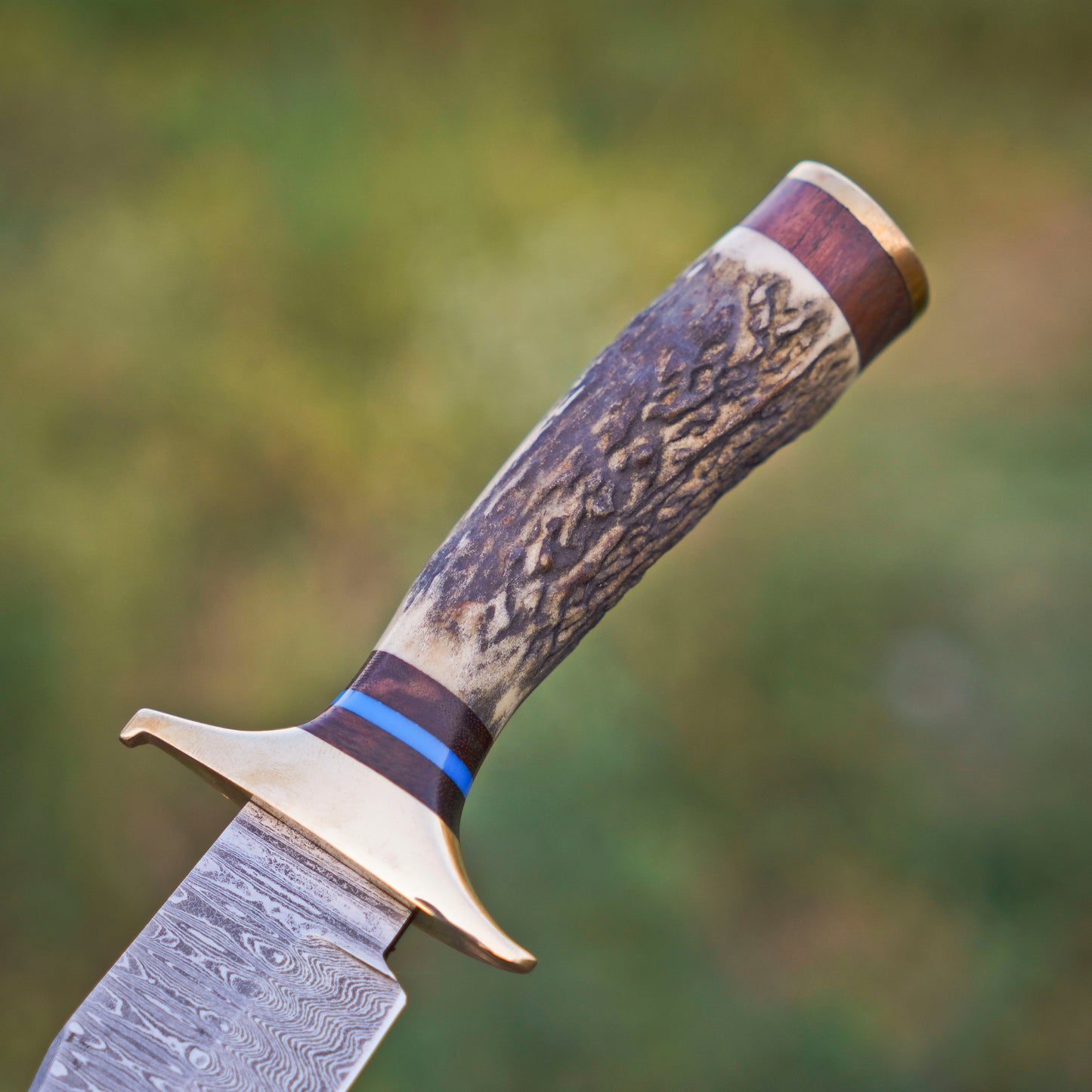 The Stag Spirit: Hand-Forged Damascus Steel Knife with Stag & Brass Guard Handle - Wildland Blades