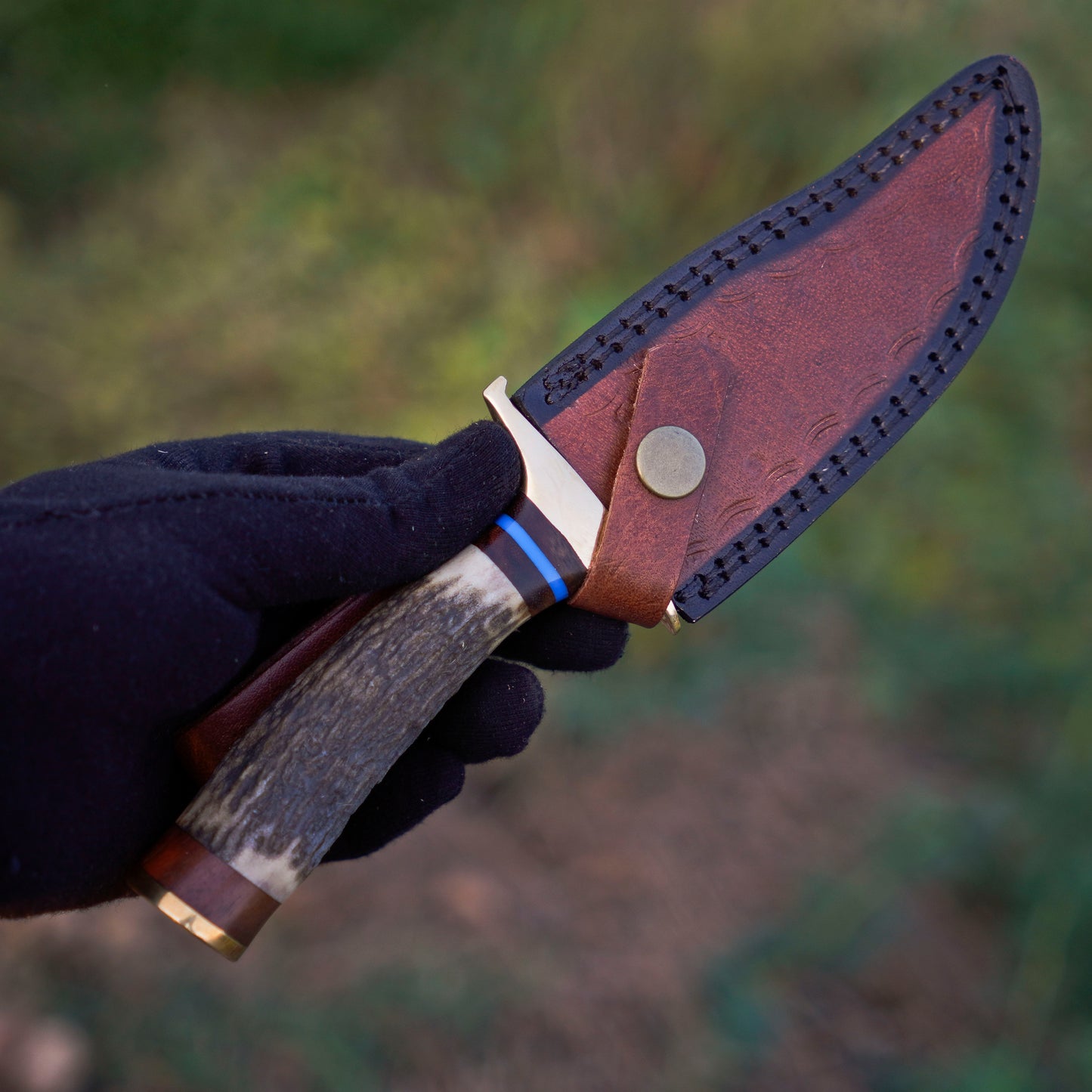 The Stag Spirit: Hand-Forged Damascus Steel Knife with Stag & Brass Guard Handle - Wildland Blades