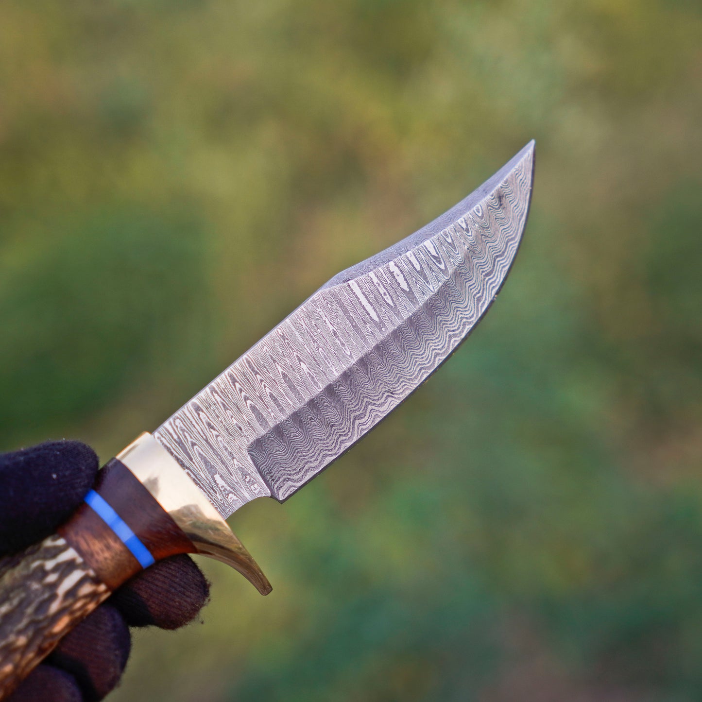 The Antler's Edge: Hand-Forged Damascus Steel Knife with Stag & Brass Guard Handle - Wildland Blades