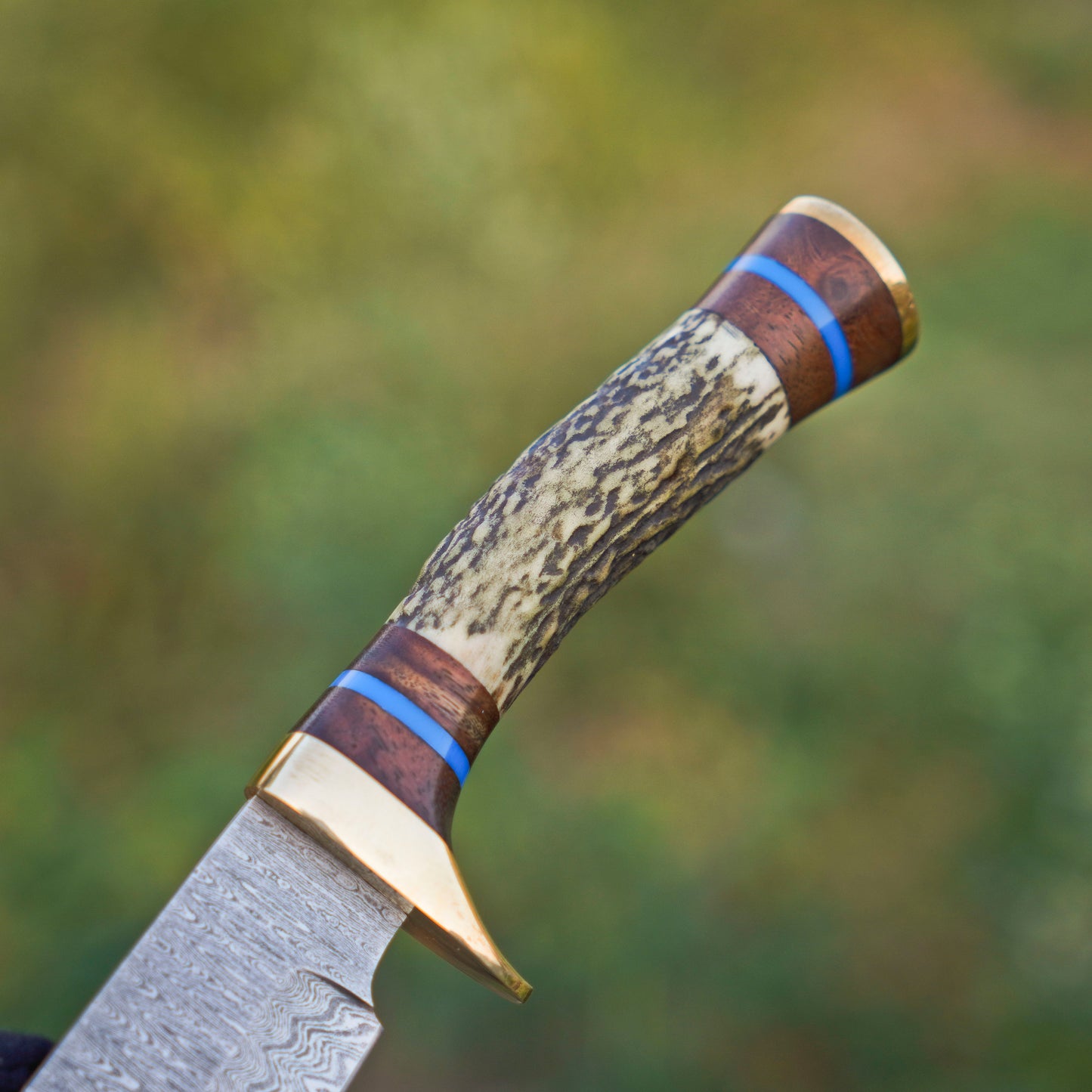 The Antler's Edge: Hand-Forged Damascus Steel Knife with Stag & Brass Guard Handle - Wildland Blades