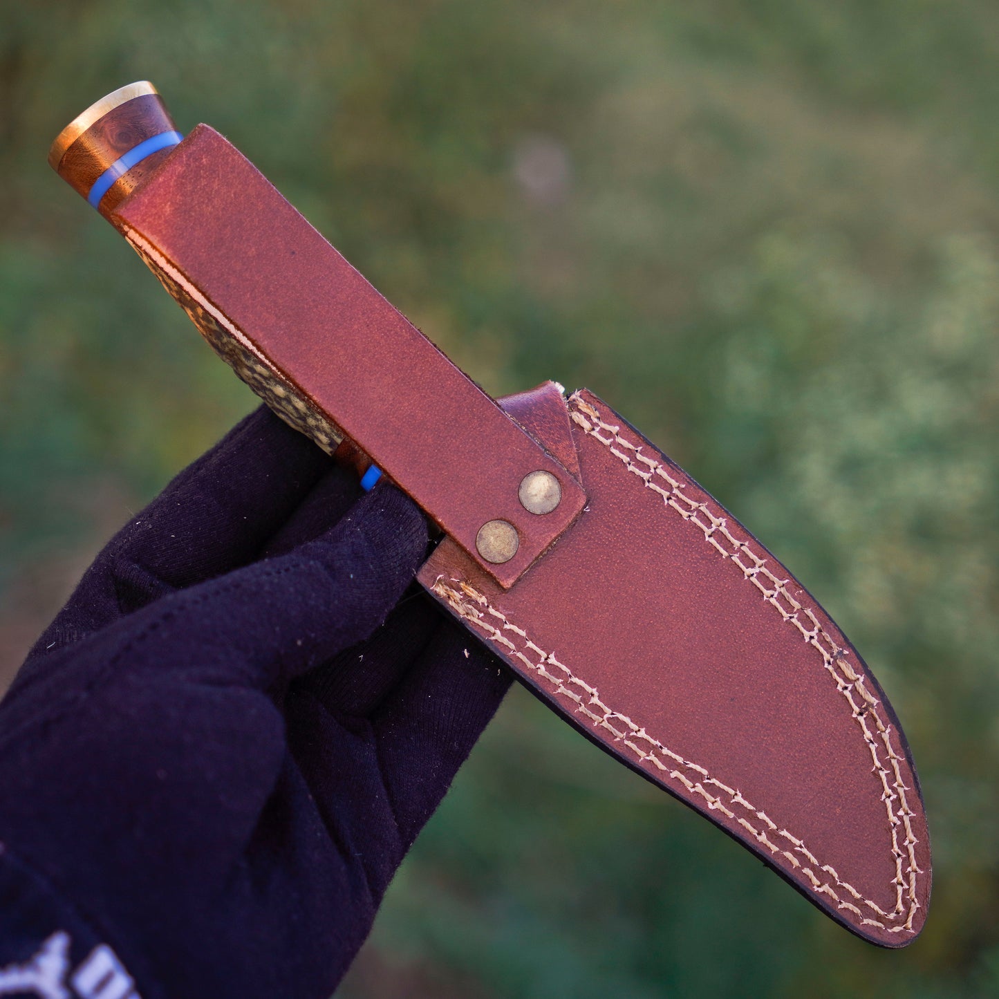 The Antler's Edge: Hand-Forged Damascus Steel Knife with Stag & Brass Guard Handle - Wildland Blades