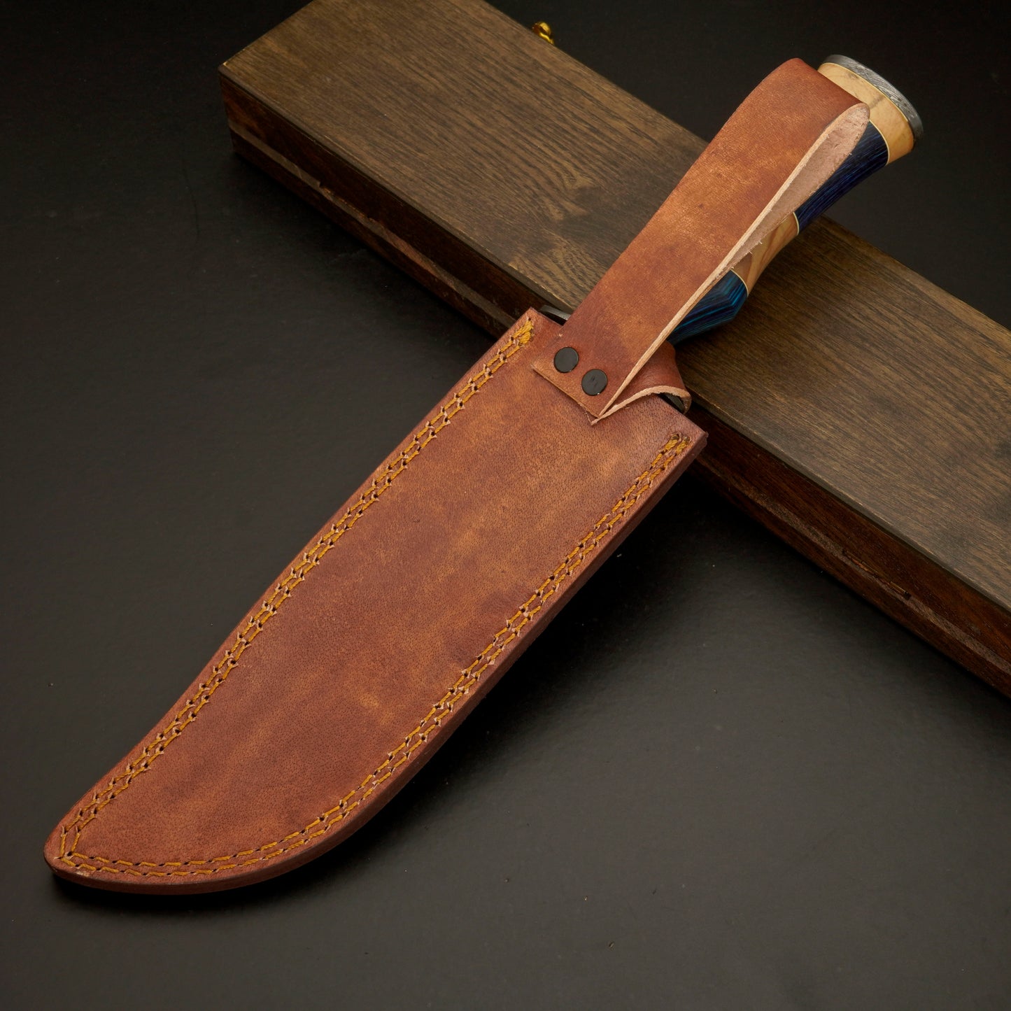The Blue Ridge – Hand-Forged Damascus Steel Knife with Blue & Olive Wood Handle - Wildland Blades