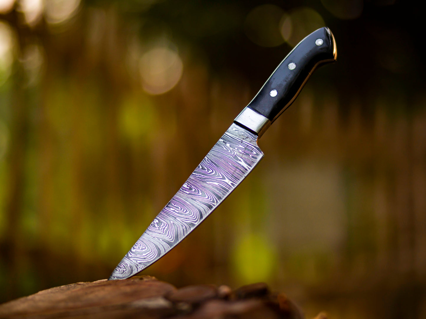 The Dark River – Damascus Chef Knife with Black Micarta Handle