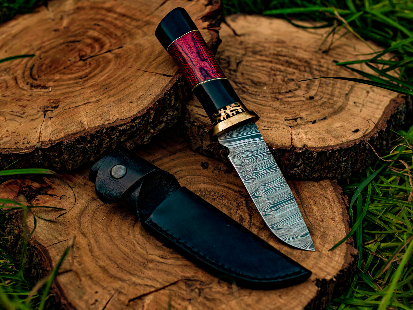 The Red Viper: Damascus Steel Fixed Blade Knife with Ebony and Red Wood Handle - Wildland Blades