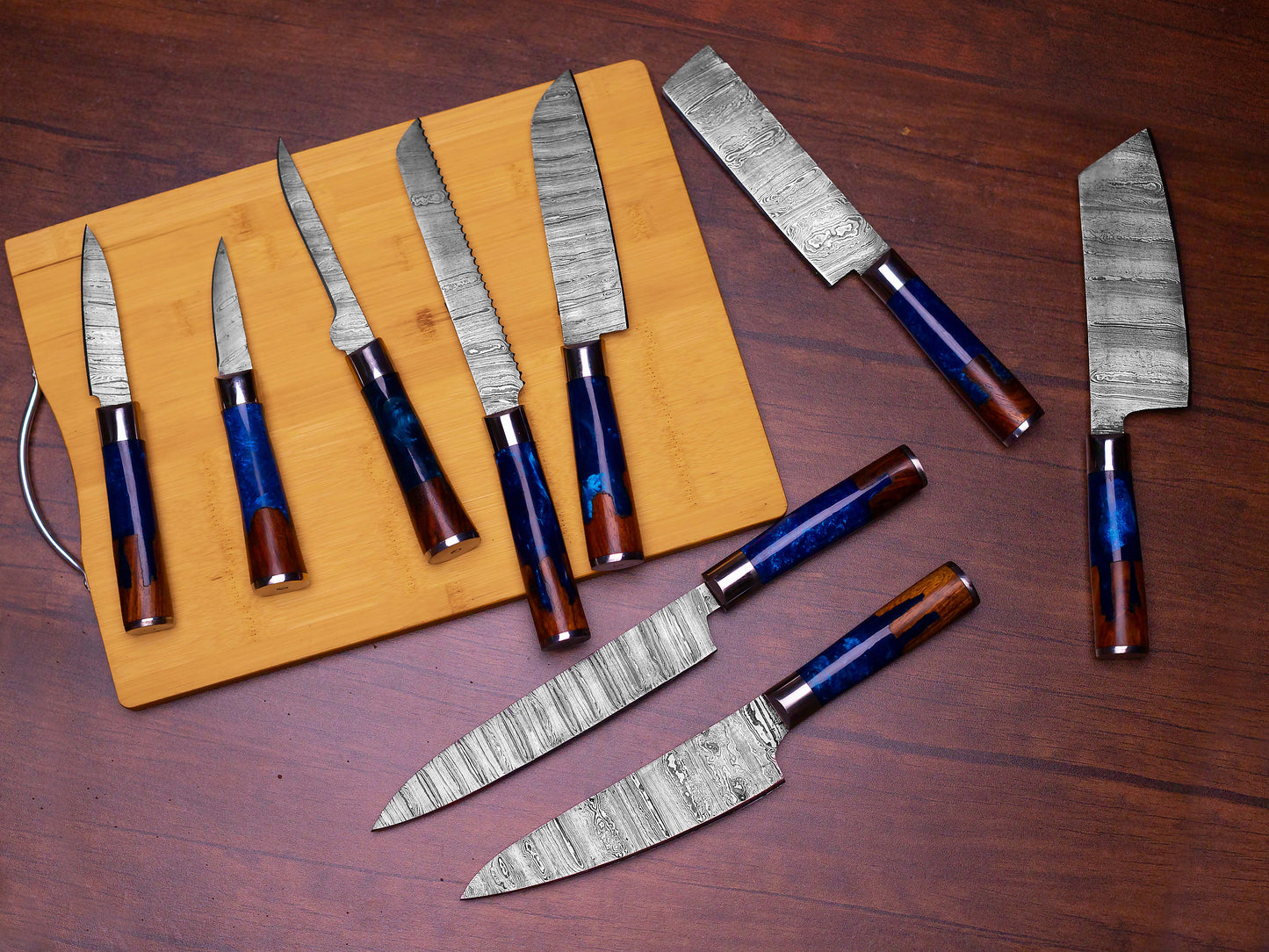 Exquisite 9-Piece Damascus Steel Kitchen Chef Set with Leather Roll - Wildland Blades