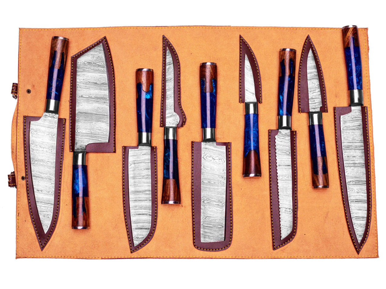 Exquisite 9-Piece Damascus Steel Kitchen Chef Set with Leather Roll - Wildland Blades