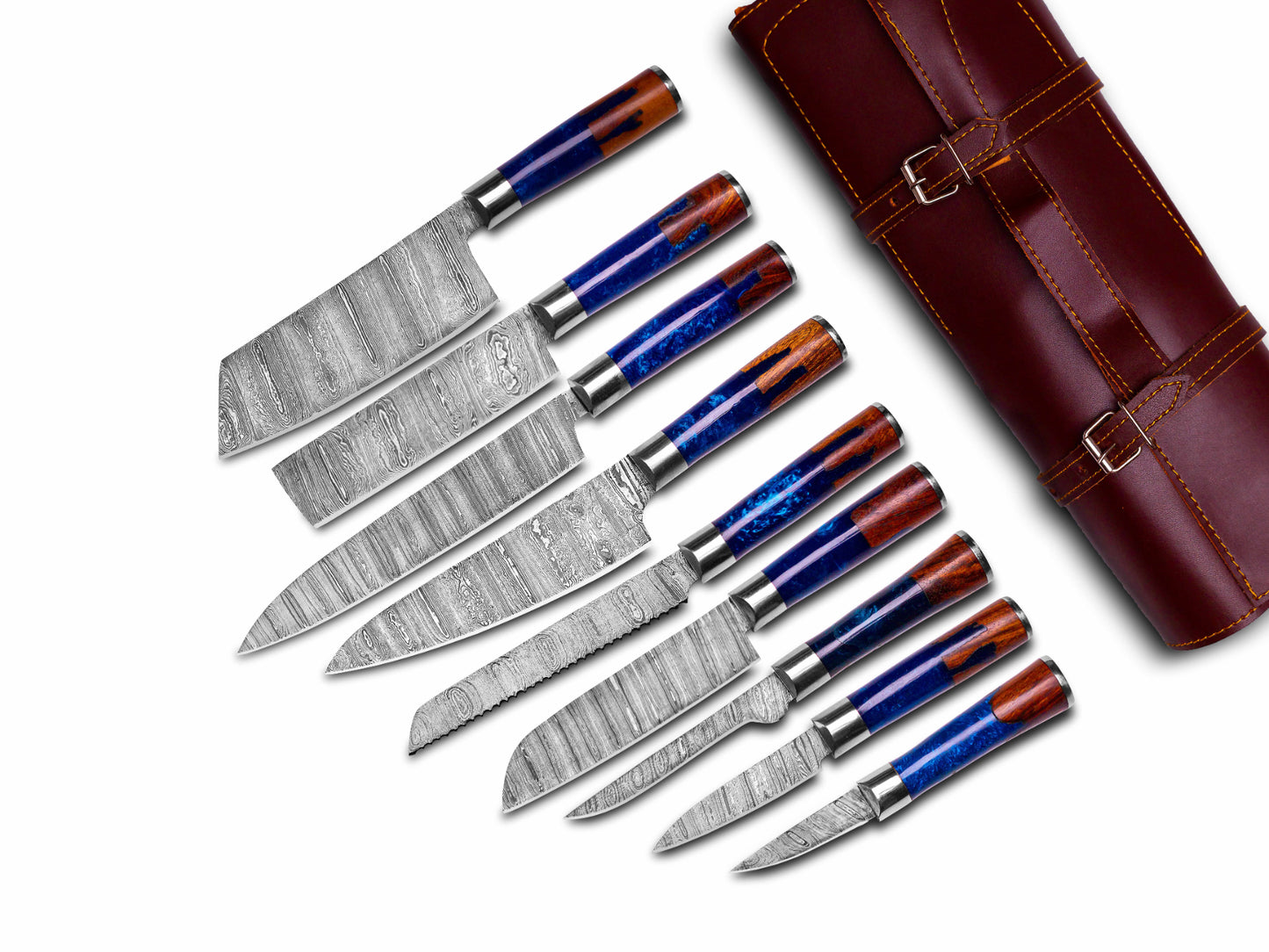 Exquisite 9-Piece Damascus Steel Kitchen Chef Set with Leather Roll - Wildland Blades