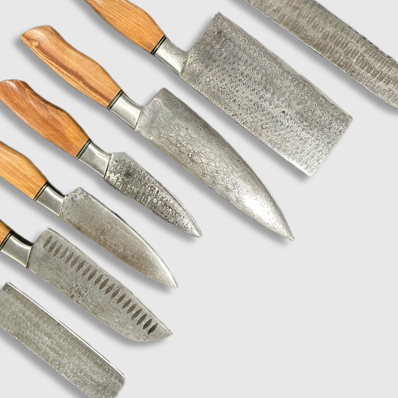 Premium Damascus Steel Kitchen Knife Set with Leather Roll - Wildland Blades