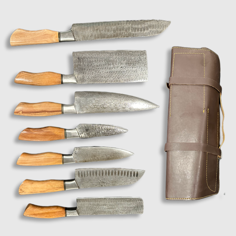 Premium Damascus Steel Kitchen Knife Set with Leather Roll - Wildland Blades