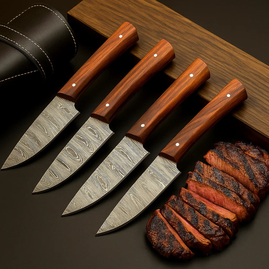 Exquisite Damascus Steel Steak Knife Set for Fine Dining - Wildland Blades