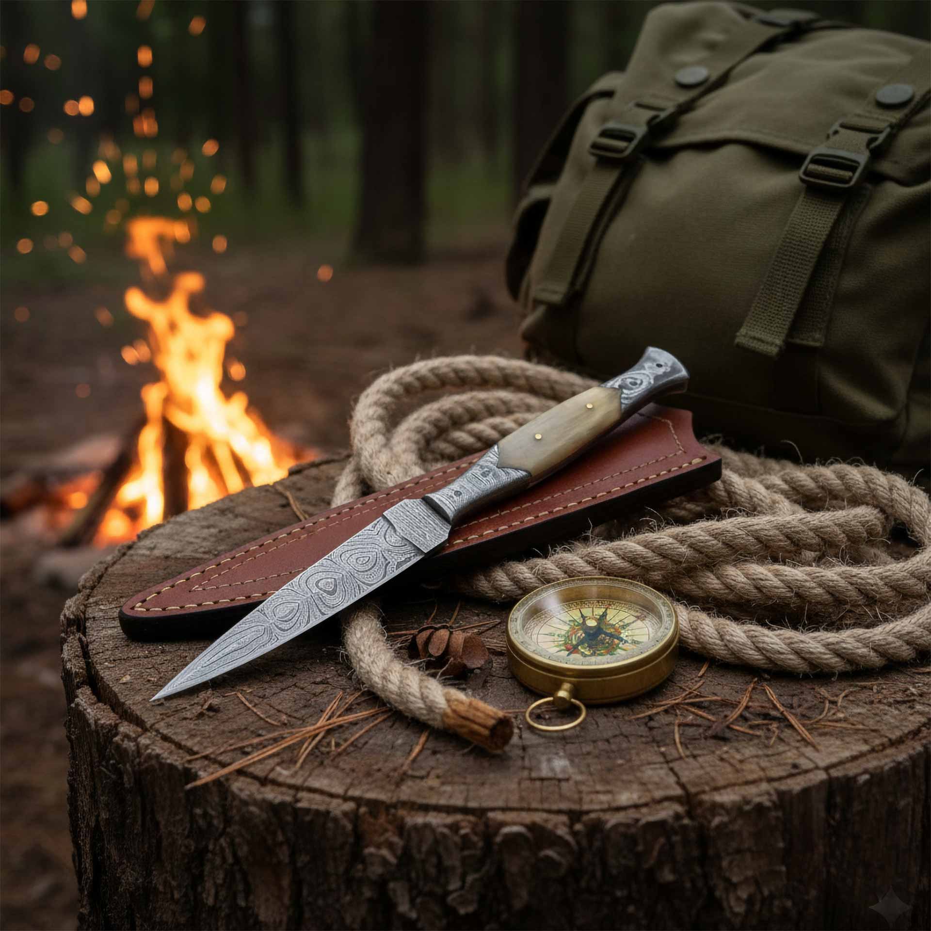 8.5″ Fixed Blade Damascus Dagger with Stag Antler Handle