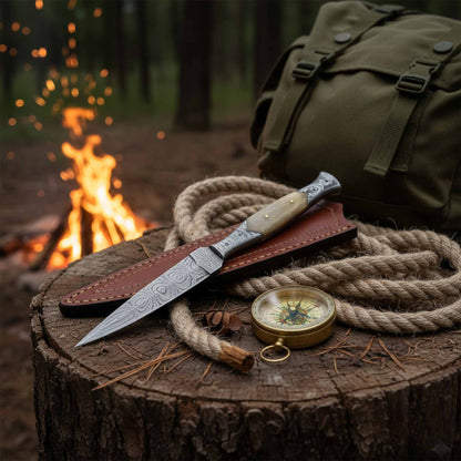 8.5″ Fixed Blade Damascus Dagger with Stag Antler Handle