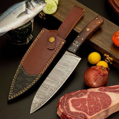  12″ Elegant Damascus Chef Knife with Dark Wood Handle