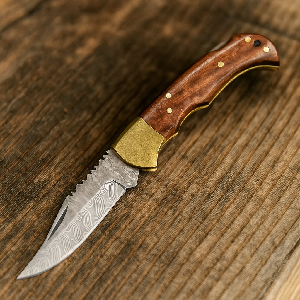 Regal Damascus Steel Folding Pocket Knife with Rosewood handle - Wildland Blades