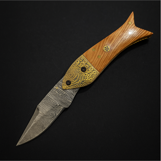 Artisan Damascus Steel Folding Pocket Knife with Golden Mosaic Handle - Wildland Blades
