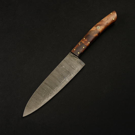 12"  Elegant Damascus Steel Chef Knife with Dark Wood Handle - Wildland Blades