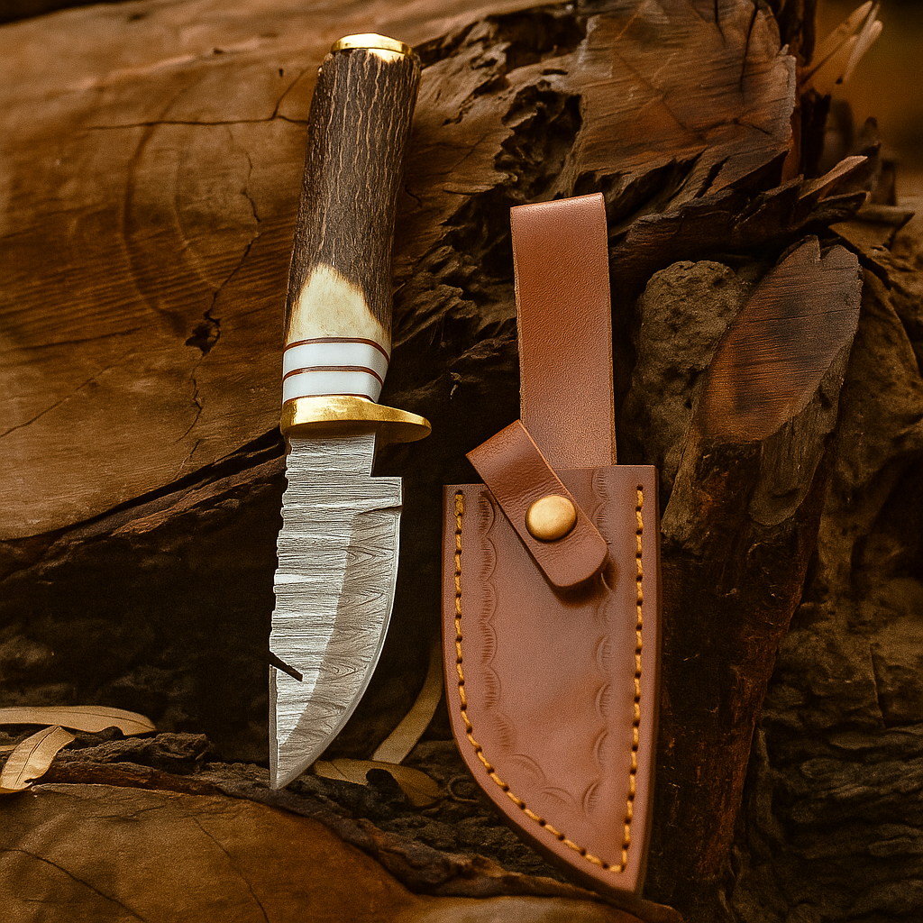 8″ Damascus Hooked Camping Knife with Durable Stag Horn Handle