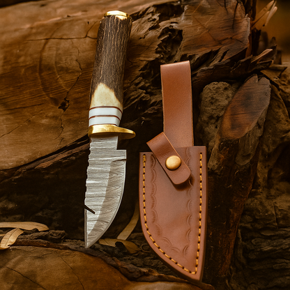 8″ Damascus Hooked Camping Knife with Durable Stag Horn Handle