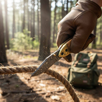 Artisan Damascus Folding Pocket Knife with Mosaic Handle