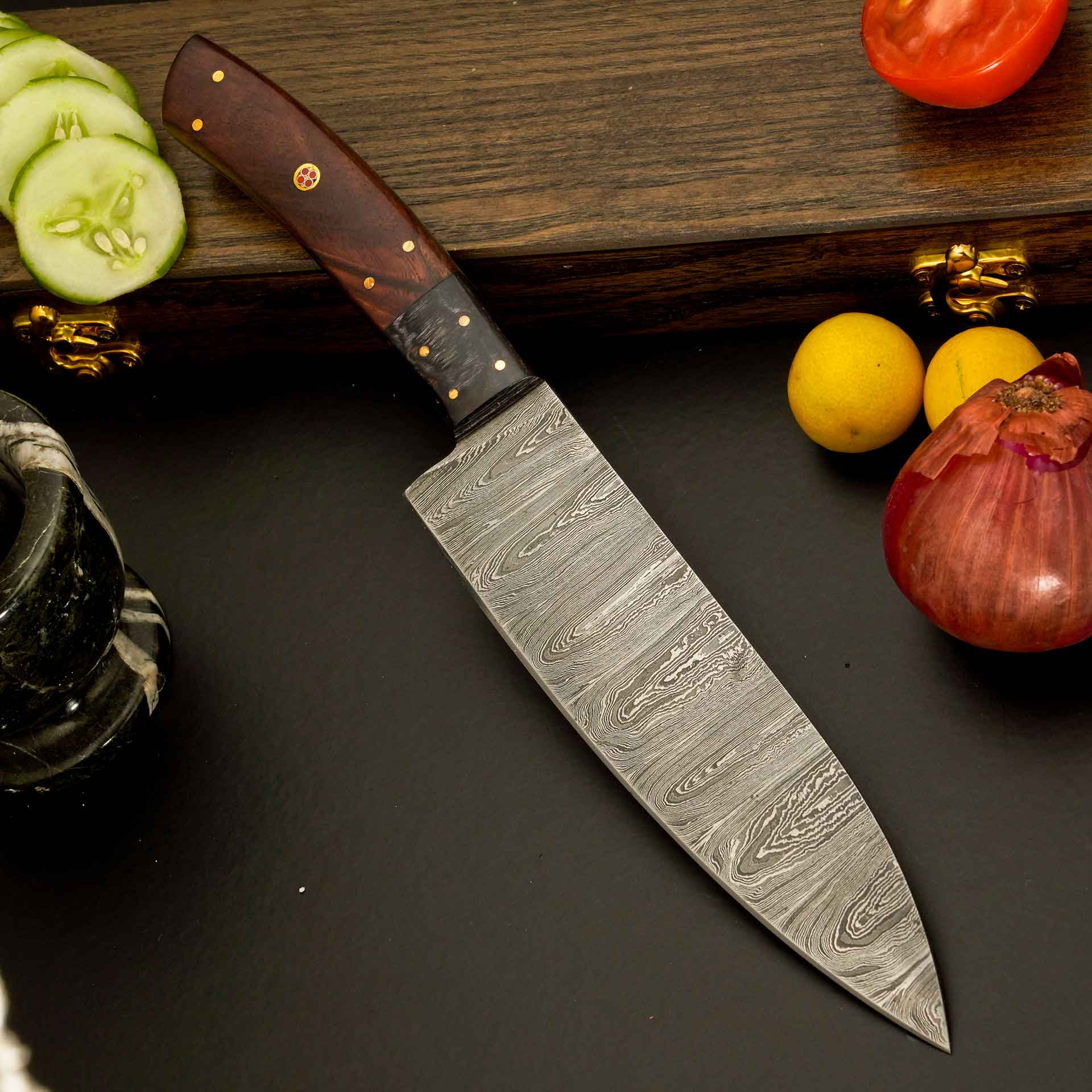  12″ Elegant Damascus Chef Knife with Dark Wood Handle