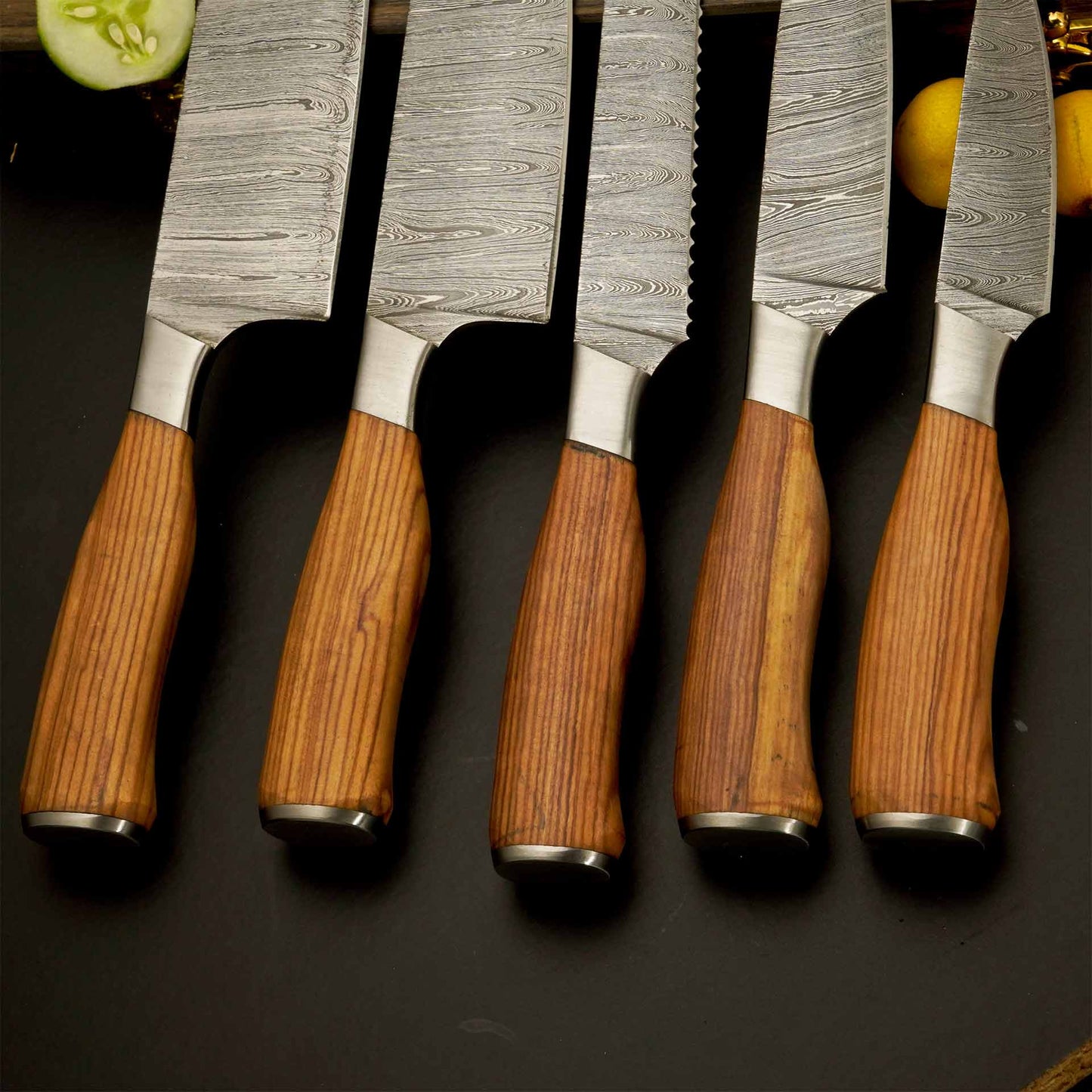 5-Piece Damascus Steel Kitchen Knife Set with Leather Roll 