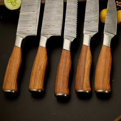 5-Piece Damascus Steel Kitchen Knife Set with Leather Roll 