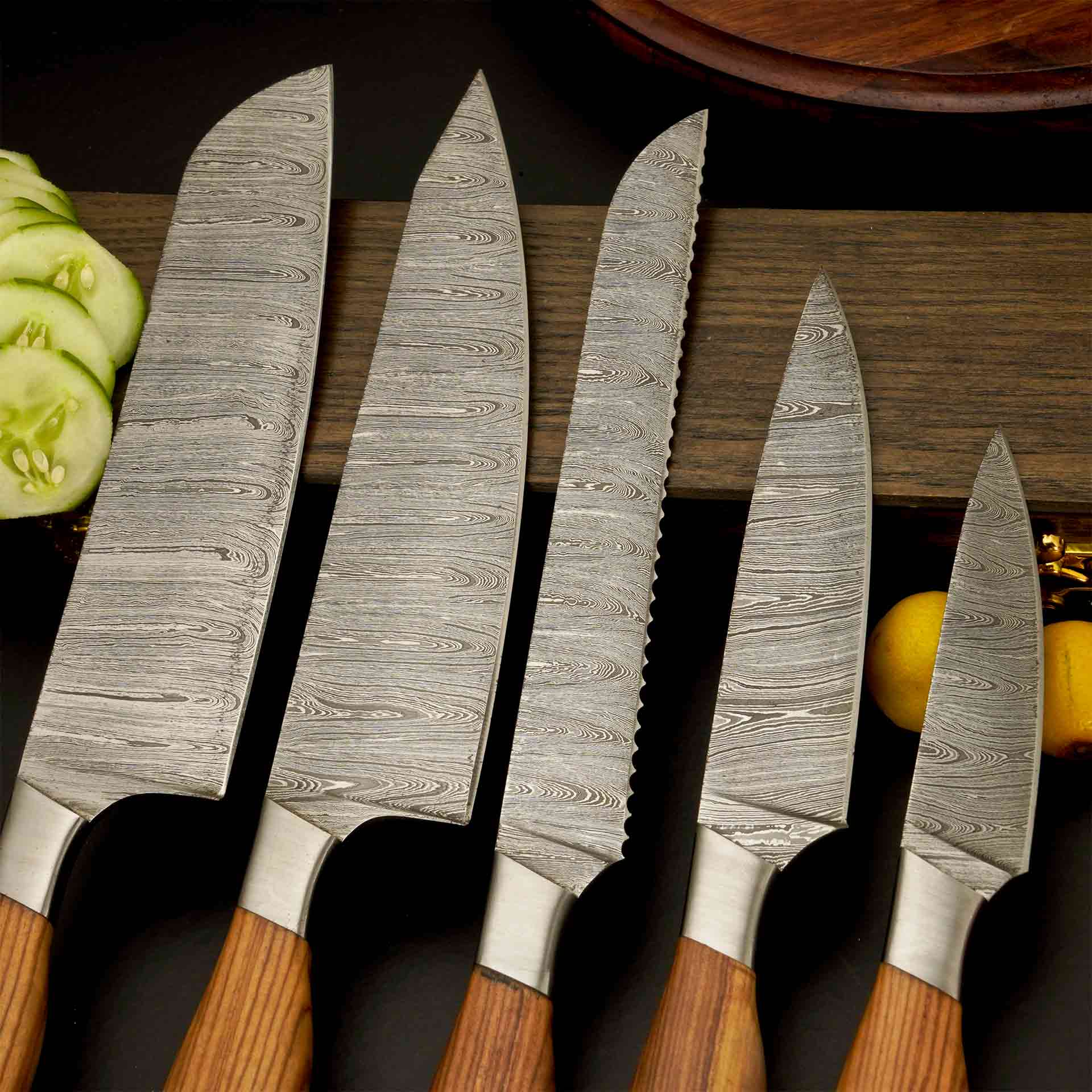 5-Piece Damascus Steel Kitchen Knife Set with Leather Roll 