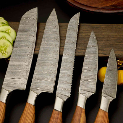 5-Piece Damascus Steel Kitchen Knife Set with Leather Roll 