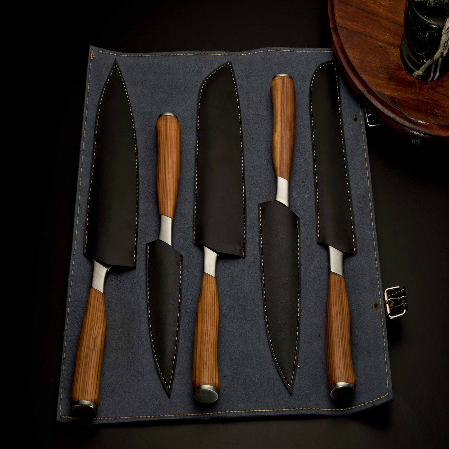 5-Piece Damascus Steel Kitchen Knife Set with Leather Roll 