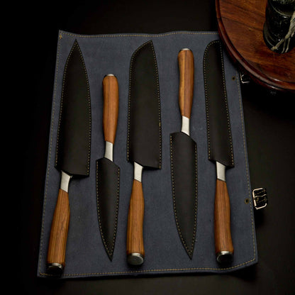5-Piece Damascus Steel Kitchen Knife Set with Leather Roll 