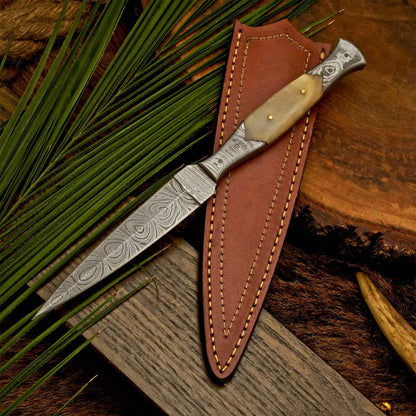 8.5″ Fixed Blade Damascus Dagger with Stag Antler Handle
