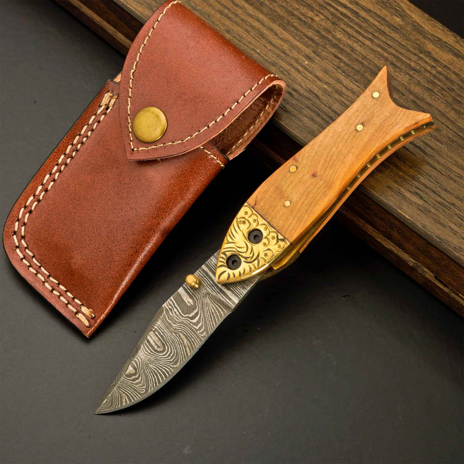 Artisan Damascus Folding Pocket Knife with Mosaic Handle