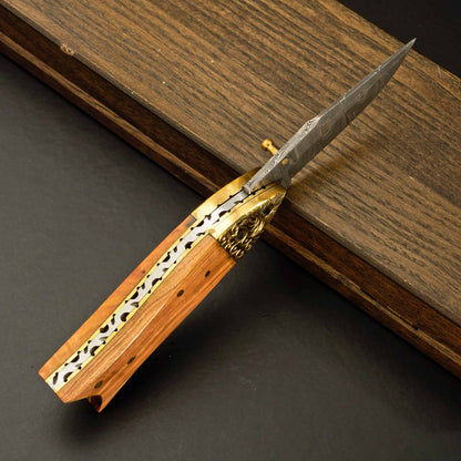 Artisan Damascus Folding Pocket Knife with Mosaic Handle