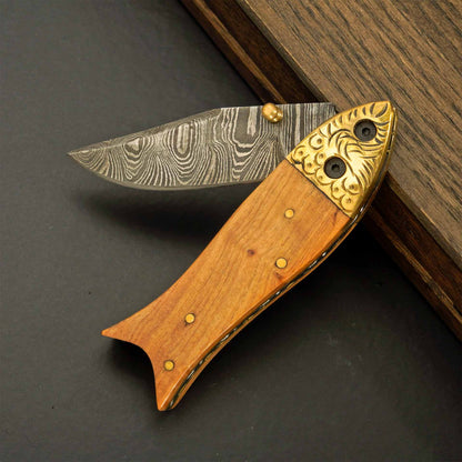 Artisan Damascus Folding Pocket Knife with Mosaic Handle