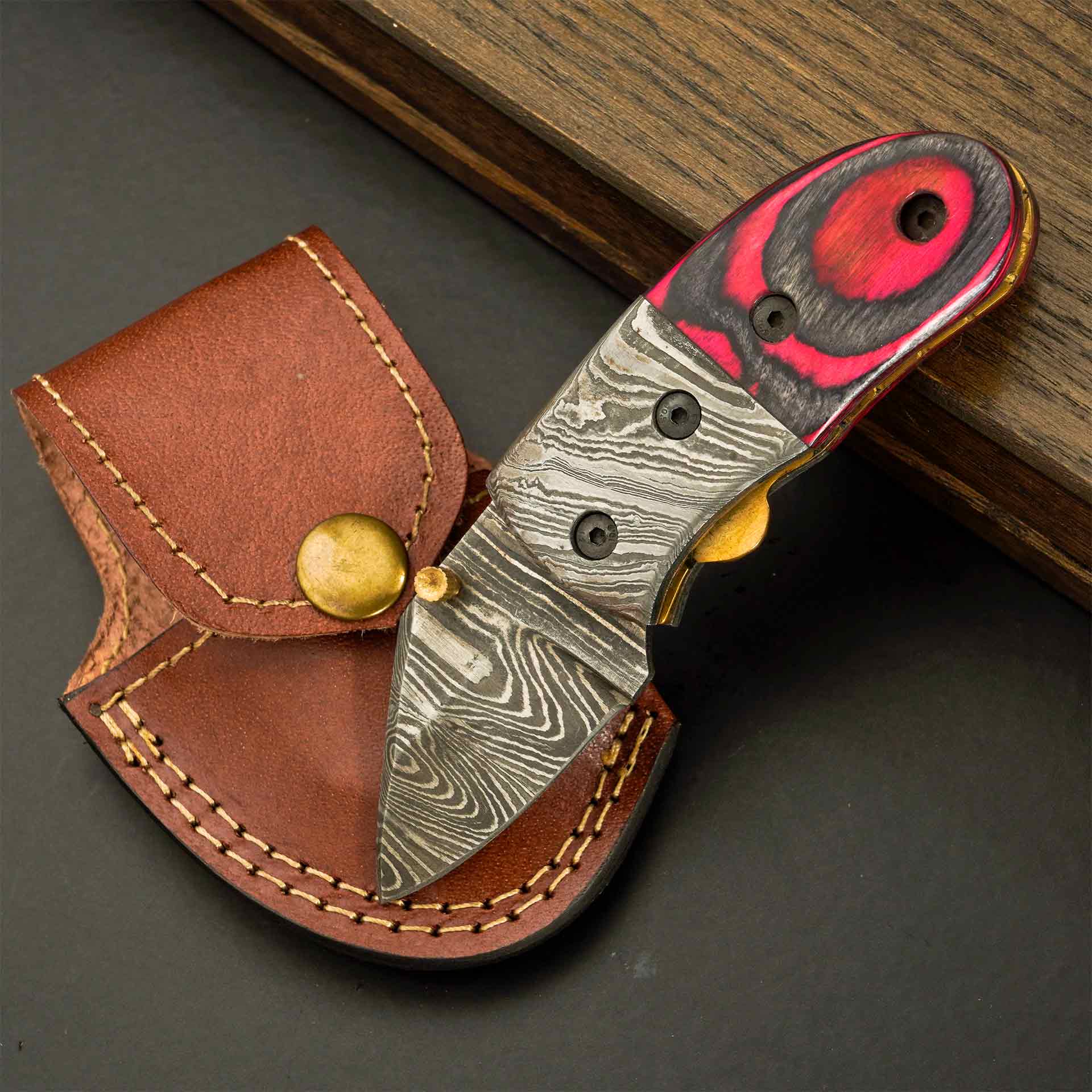 4.4"Damascus Steel Folding Pocket Knife with Rosewood Handle