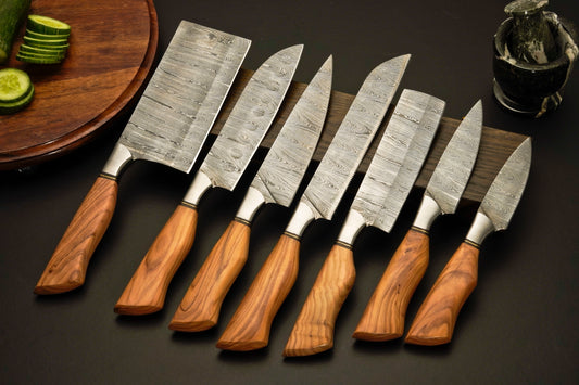 Premium Damascus Steel Kitchen Knife Set with Leather Roll Case - Wildland Blades