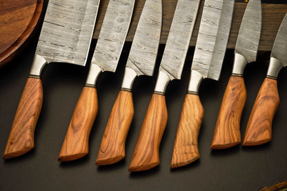 Premium Damascus Steel Kitchen Knife Set with Leather Roll Case - Wildland Blades