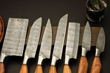 Premium Damascus Steel Kitchen Knife Set with Leather Roll Case - Wildland Blades