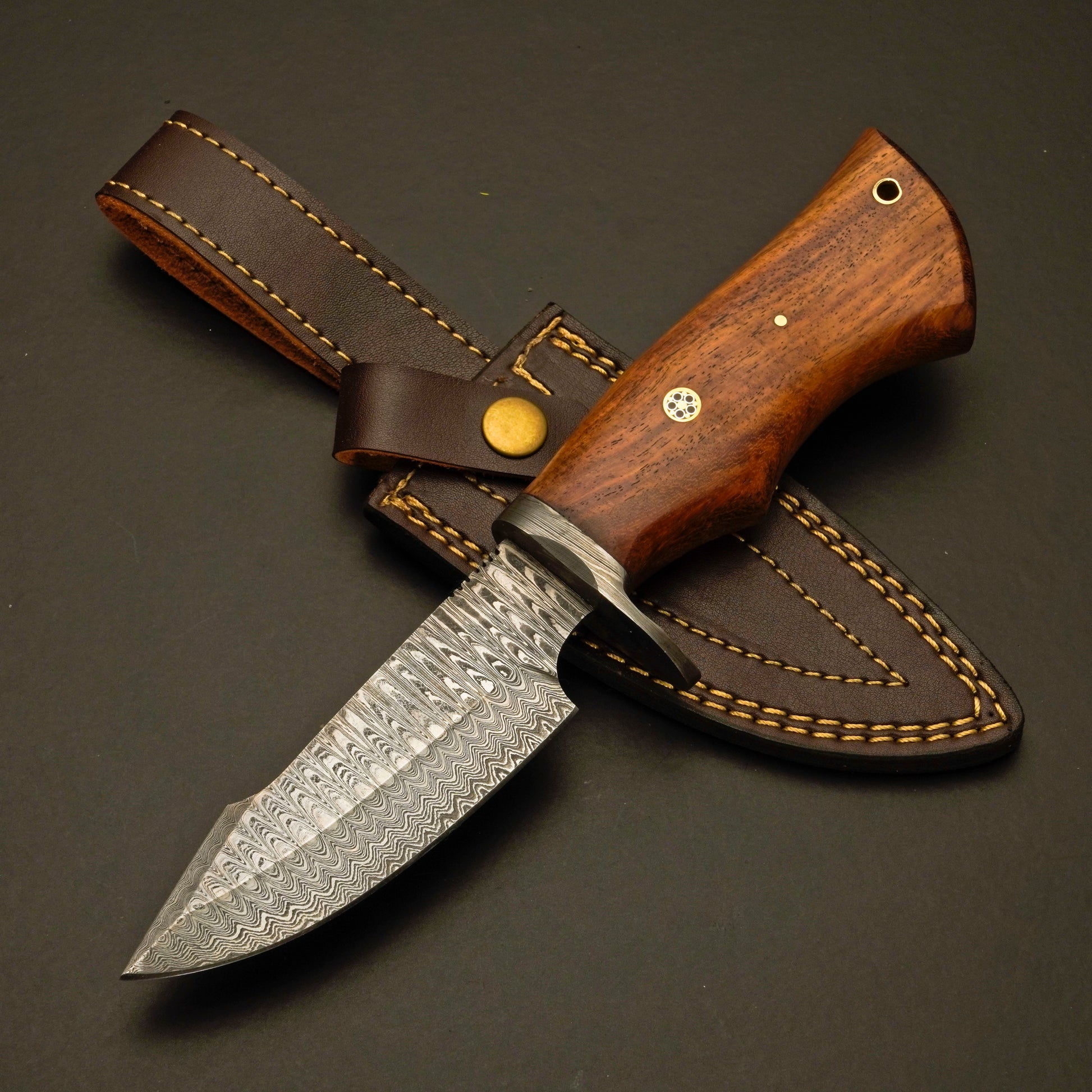 Damascus Hunting & Camping Knife with Elegant Rosewood Handle - Wildland Blades