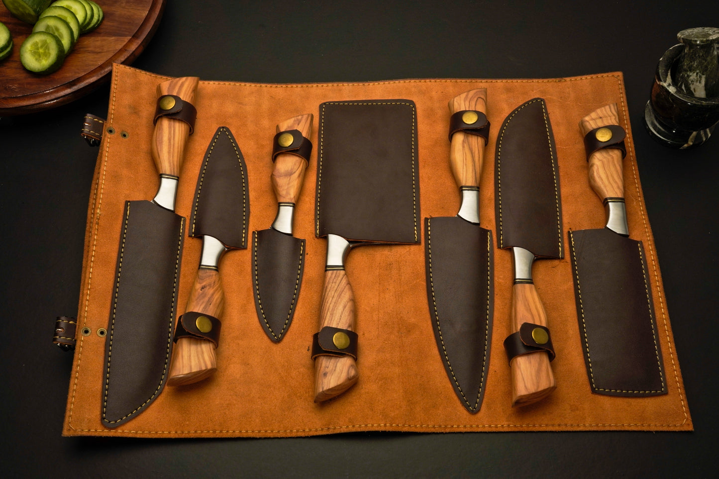 Premium Damascus Steel Kitchen Knife Set with Leather Roll Case - Wildland Blades