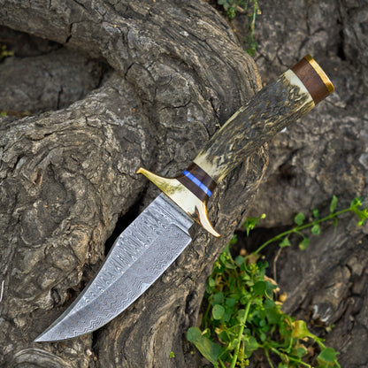 The Stag Spirit: Hand-Forged Damascus Steel Knife with Stag & Brass Guard Handle - Wildland Blades