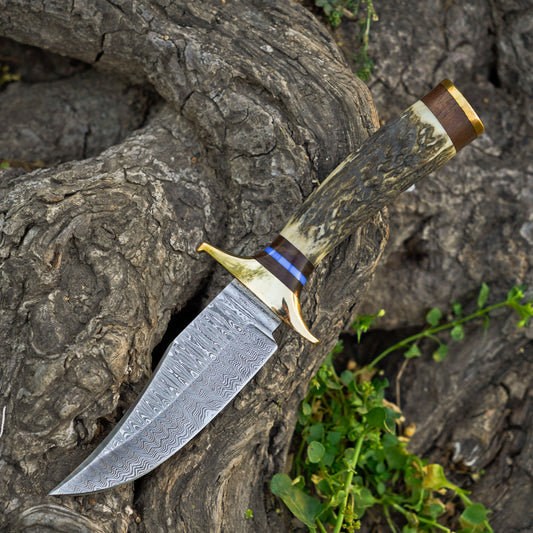 The Stag Spirit: Hand-Forged Damascus Steel Knife with Stag & Brass Guard Handle - Wildland Blades