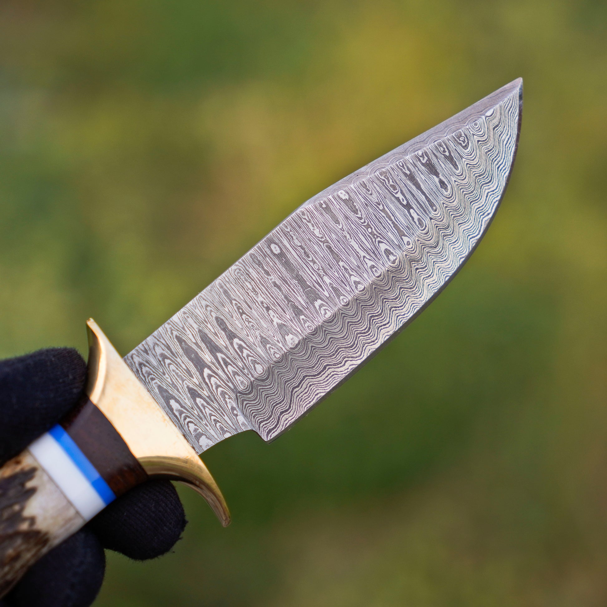 The Woodland Warrior: Hand-Forged Damascus Steel Knife with Stag Handle - Wildland Blades