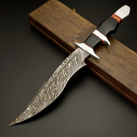 The Shadow Fang – Hand-Forged Damascus Steel Dagger with Black Handle - Wildland Blades